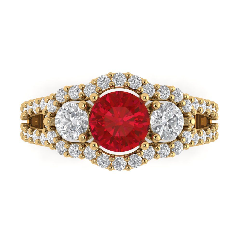 2.16 cttw Simulated Ruby Three-Stone Engagement Ring - Solid Gold (Round Cut,6.5mm)