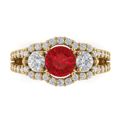2.16 cttw Simulated Ruby Three-Stone Engagement Ring - Solid Gold (Round Cut,6.5mm)