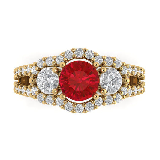 2.16 cttw Simulated Ruby Three-Stone Engagement Ring - Solid Yellow Gold (VVS1, Round Cut,6.5mm)