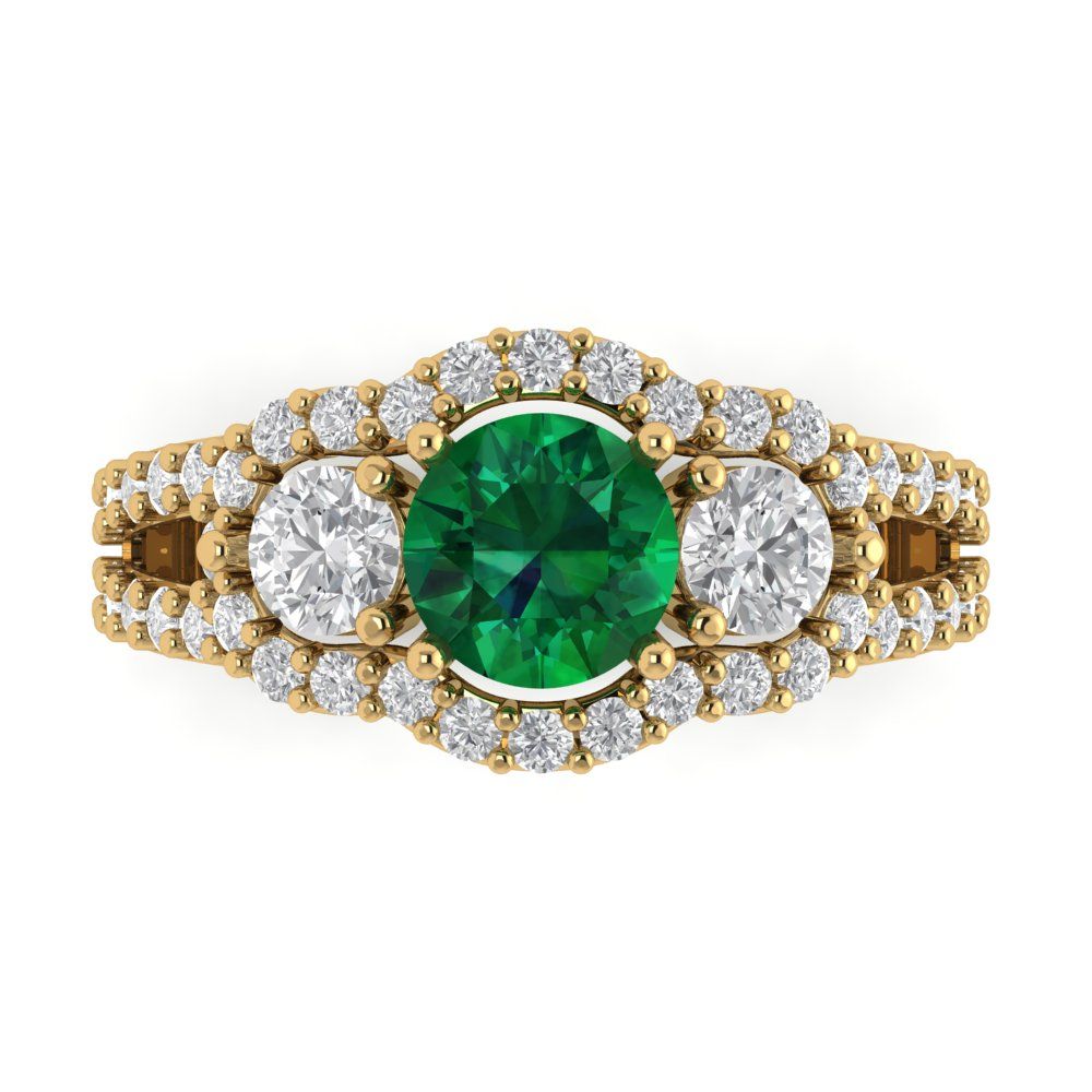 2.16 cttw Simulated Emerald Three-Stone Engagement Ring - Solid Yellow Gold (VVS1, Round Cut,6.5mm)