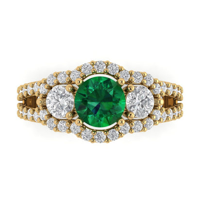 2.16 cttw Simulated Emerald Three-Stone Engagement Ring - Solid Yellow Gold (VVS1, Round Cut,6.5mm)