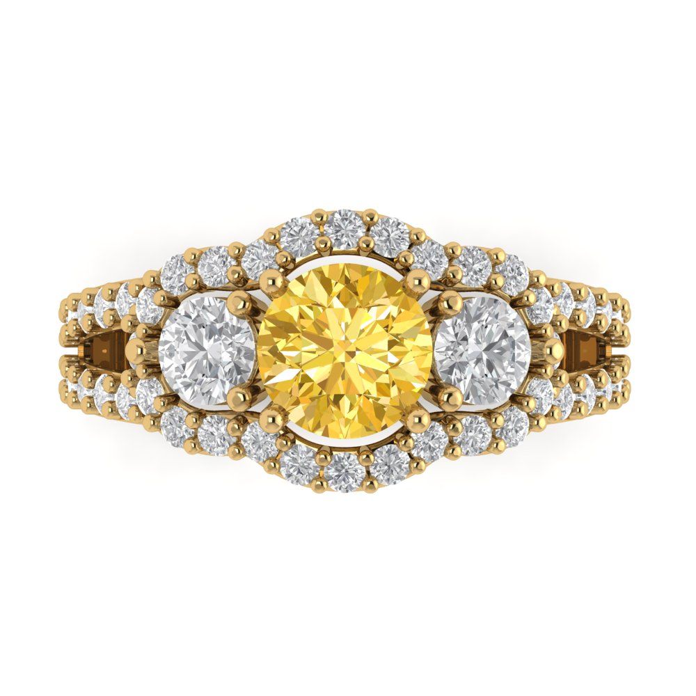 2.16 cttw Zirconia Simulated Yellow Diamond Three-Stone Engagement Ring - Solid Gold (VVS1, Round Cut,6.5mm)