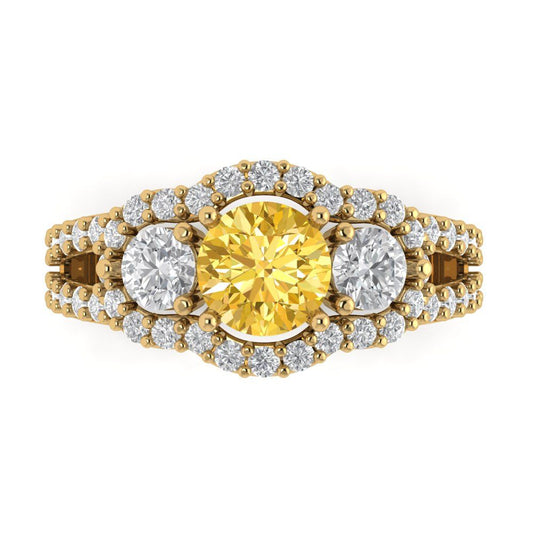 2.16 cttw Zirconia Simulated Yellow Diamond Three-Stone Engagement Ring - Solid Yellow Gold (VVS1, Round Cut,6.5mm)