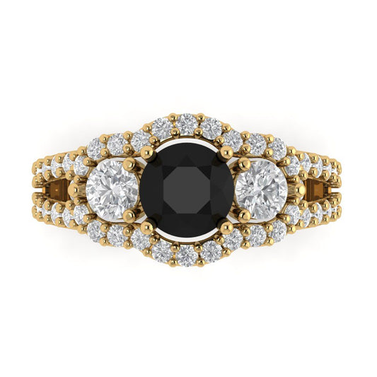 2.16 cttw Natural Onyx Three-Stone Engagement Ring - Solid Yellow Gold (VVS1, Round Cut,6.5mm)