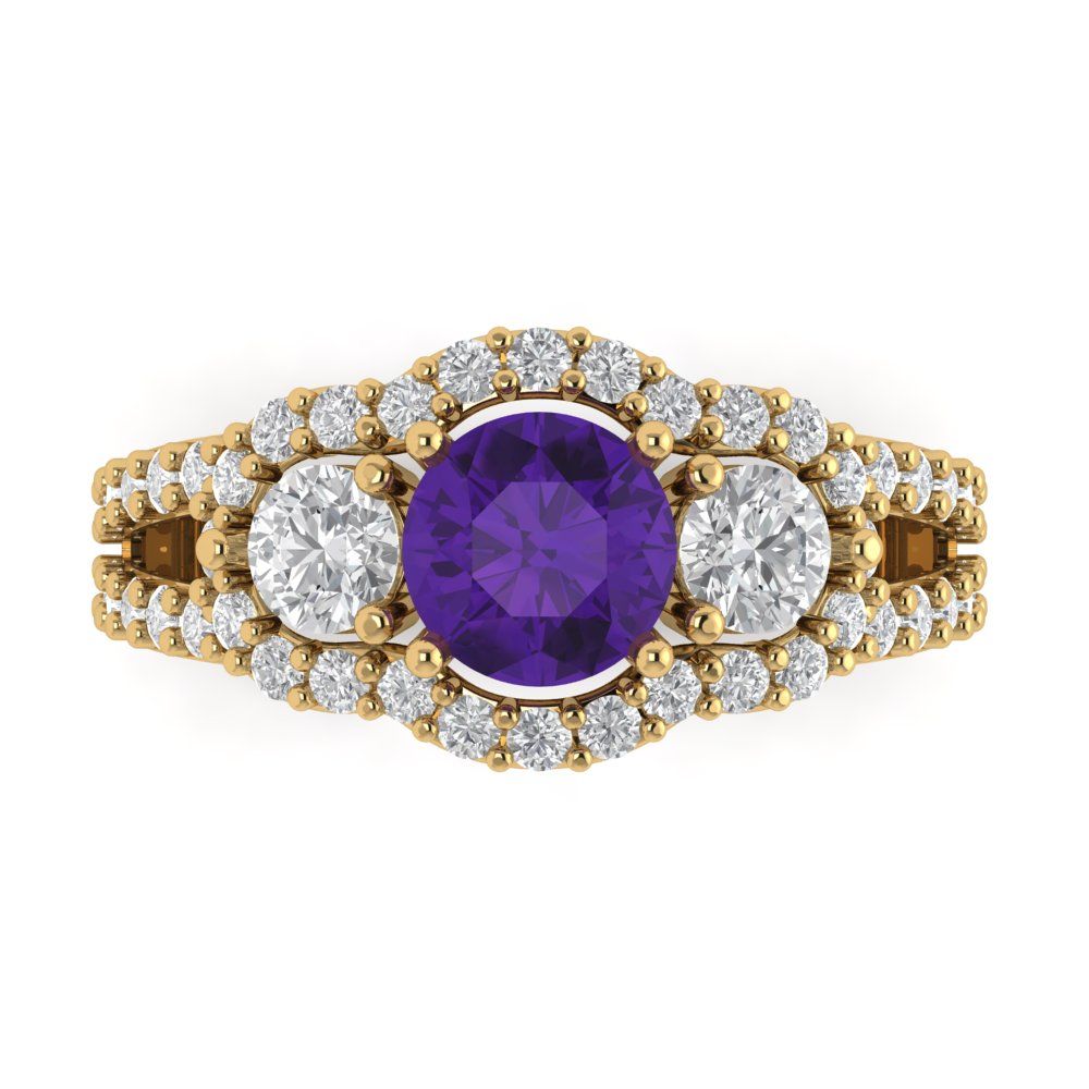 2.16 cttw Natural Amethyst Three-Stone Engagement Ring - Solid Gold (Round Cut,6.5mm)