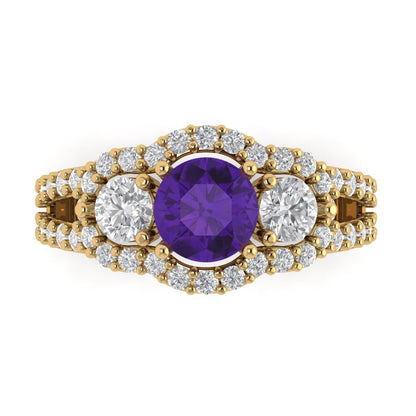 2.16 cttw Natural Amethyst Three-Stone Engagement Ring - Solid Gold (Round Cut,6.5mm)
