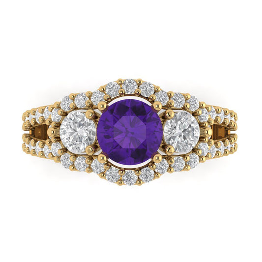 2.16 cttw Natural Amethyst Three-Stone Engagement Ring - Solid Yellow Gold (VVS1, Round Cut,6.5mm)