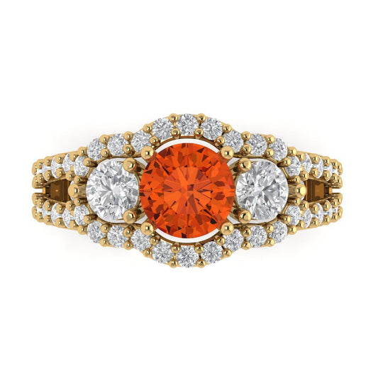 2.16 cttw Zirconia Simulated Red Diamond Three-Stone Engagement Ring - Solid Yellow Gold (VVS1, Round Cut,6.5mm)