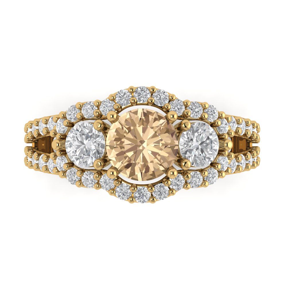 2.16 cttw Yellow Moissanite Three-Stone Engagement Ring - Solid Gold (Round Cut,6.5mm)
