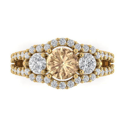 2.16 cttw Yellow Moissanite Three-Stone Engagement Ring - Solid Gold (Round Cut,6.5mm)