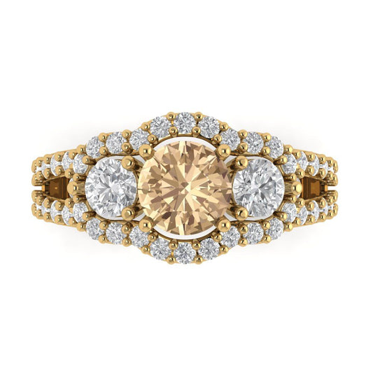 2.16 cttw Yellow Moissanite Three-Stone Engagement Ring - Solid Yellow Gold (VVS1, Round Cut,6.5mm)