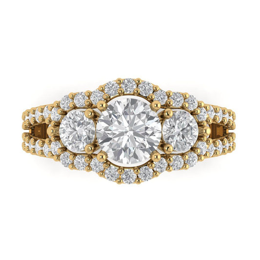 2.16 cttw White Sapphire Three-Stone Engagement Ring - Solid Yellow Gold (VVS1, Round Cut,6.5mm)