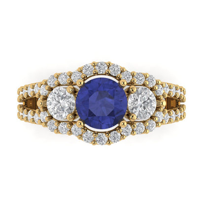 2.16 cttw Simulated Tanzanite Three-Stone Engagement Ring - Solid Gold (Round Cut,6.5mm)