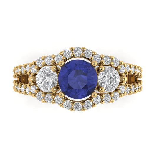 2.16 cttw Simulated Tanzanite Three-Stone Engagement Ring - Solid Yellow Gold (VVS1, Round Cut,6.5mm)
