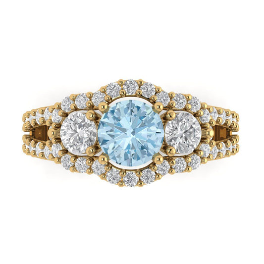 2.16 cttw Natural Aquamarine Three-Stone Engagement Ring - Solid Yellow Gold (VVS1, Round Cut,6.5mm)