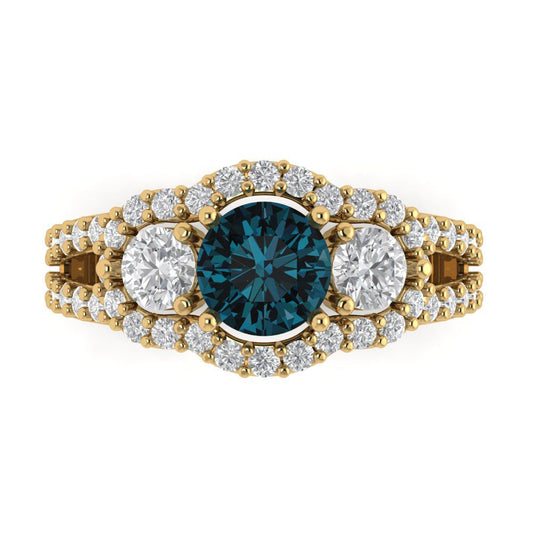 2.16 cttw Natural London Blue Topaz Three-Stone Engagement Ring - Solid Yellow Gold (VVS1, Round Cut,6.5mm)
