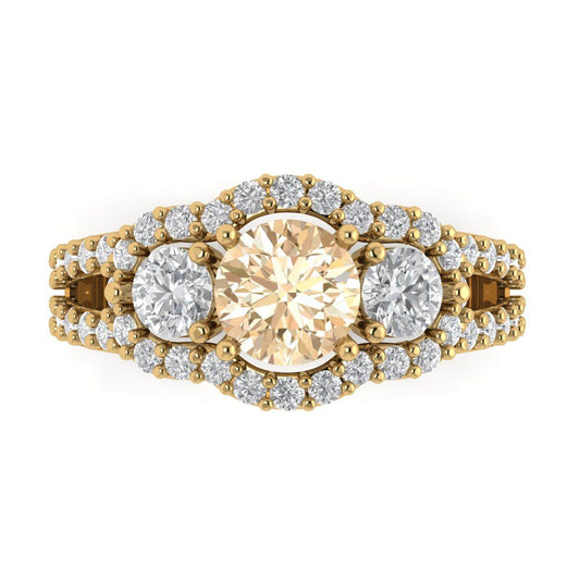 2.16 cttw Natural Morganite Three-Stone Engagement Ring - Solid Yellow Gold (VVS1, Round Cut,6.5mm)