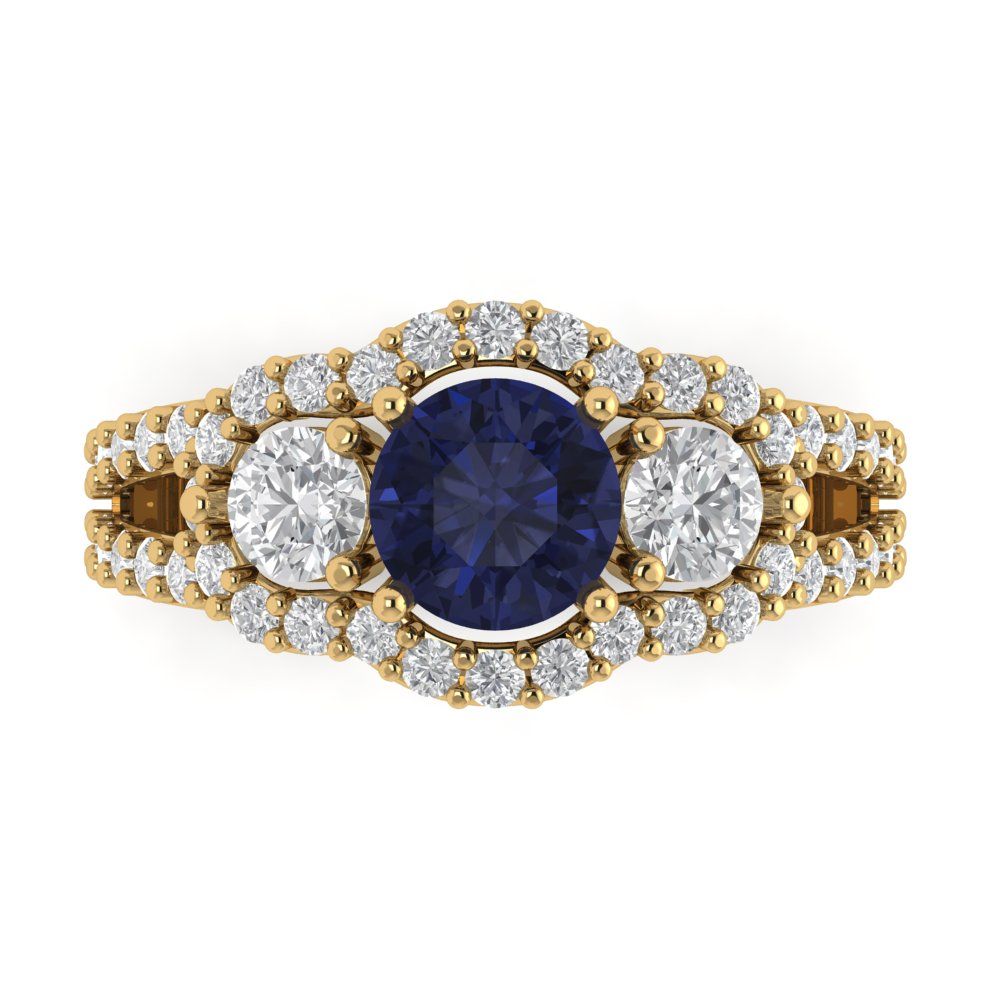 2.16 cttw Simulated Blue Sapphire Three-Stone Engagement Ring - Solid Gold (Round Cut,6.5mm)