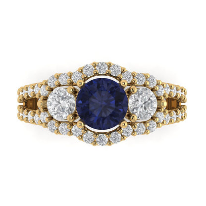 2.16 cttw Simulated Blue Sapphire Three-Stone Engagement Ring - Solid Gold (Round Cut,6.5mm)