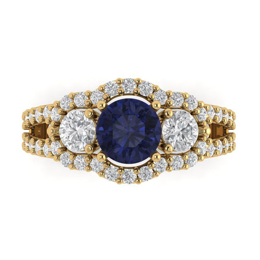 2.16 cttw Simulated Blue Sapphire Three-Stone Engagement Ring - Solid Yellow Gold (VVS1, Round Cut,6.5mm)