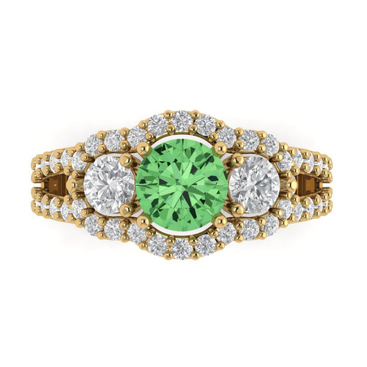 2.16 cttw Zirconia Simulated Green Diamond Three-Stone Engagement Ring - Solid Yellow Gold (VVS1, Round Cut,6.5mm)