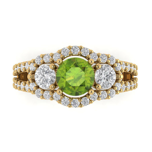 2.16 cttw Natural Peridot Three-Stone Engagement Ring - Solid Yellow Gold (VVS1, Round Cut,6.5mm)