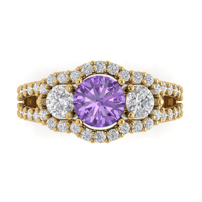 2.16 cttw Simulated Alexandrite Three-Stone Engagement Ring - Solid Gold (Round Cut,6.5mm)