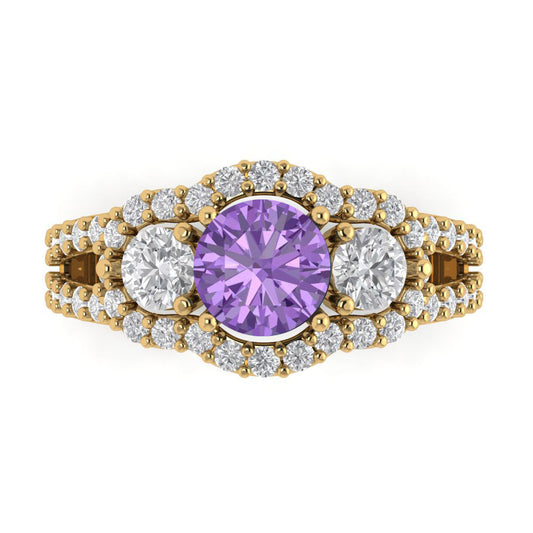 2.16 cttw Simulated Alexandrite Three-Stone Engagement Ring - Solid Yellow Gold (VVS1, Round Cut,6.5mm)