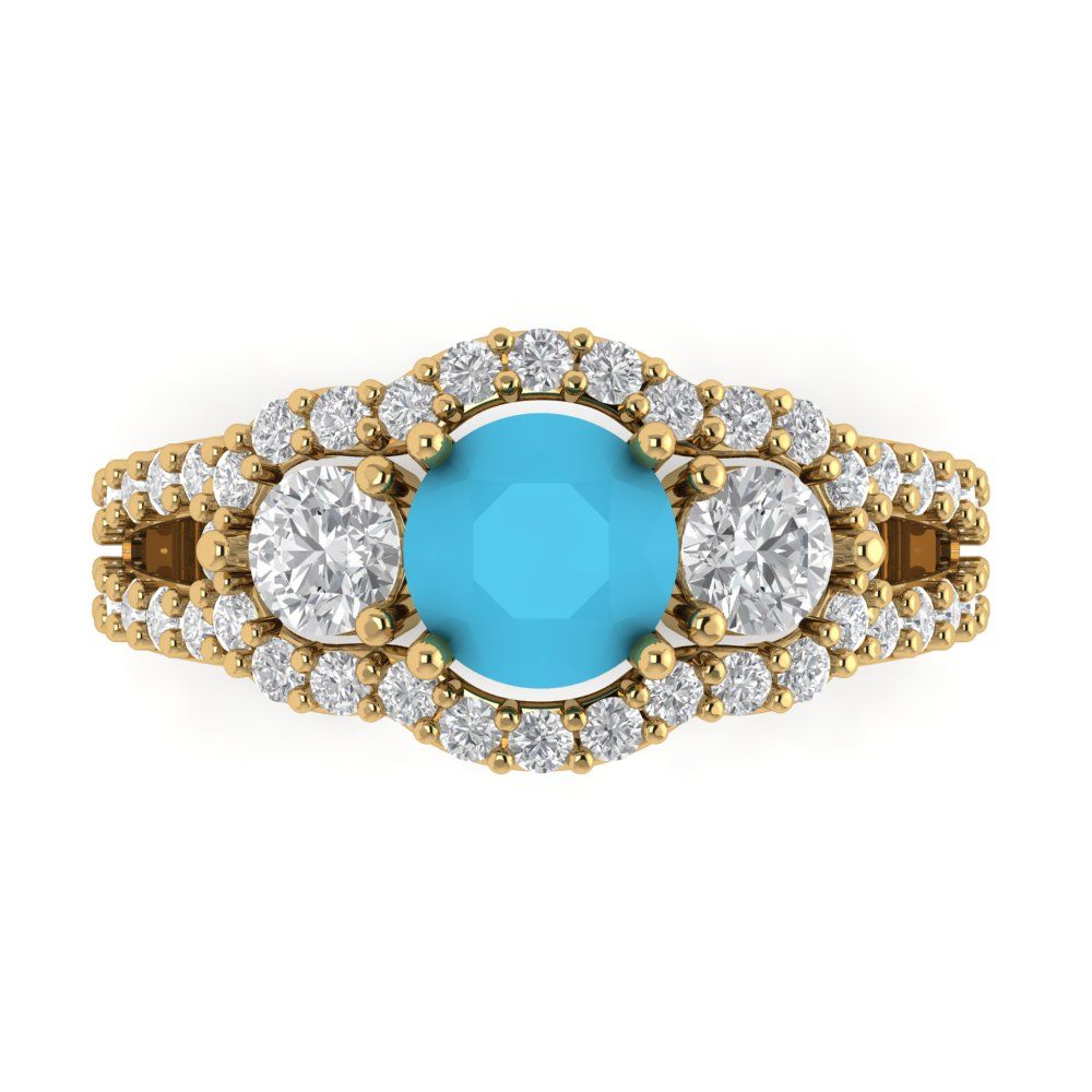 2.16 cttw Simulated Turquoise Three-Stone Engagement Ring - Solid Gold (Round Cut,6.5mm)
