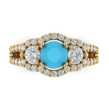 2.16 cttw Simulated Turquoise Three-Stone Engagement Ring - Solid Gold (Round Cut,6.5mm)