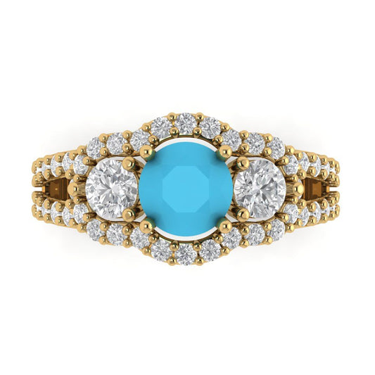 2.16 cttw Simulated Turquoise Three-Stone Engagement Ring - Solid Yellow Gold (VVS1, Round Cut,6.5mm)
