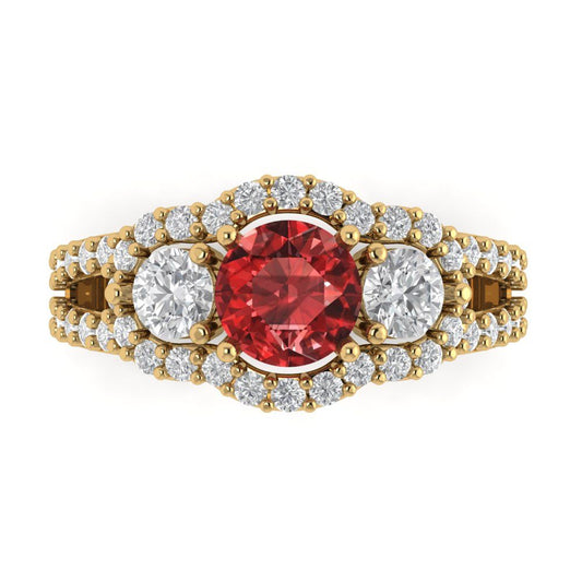 2.16 cttw Natural Garnet Three-Stone Engagement Ring - Solid Yellow Gold (VVS1, Round Cut,6.5mm)