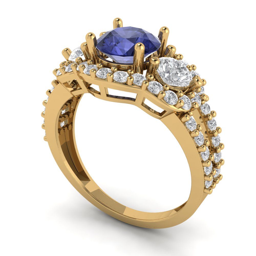 2.16 cttw Simulated Tanzanite Three-Stone Engagement Ring - Solid Gold (Round Cut,6.5mm)