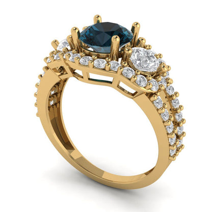 2.16 cttw Natural London Blue Topaz Three-Stone Engagement Ring - Solid Gold (Round Cut,6.5mm)