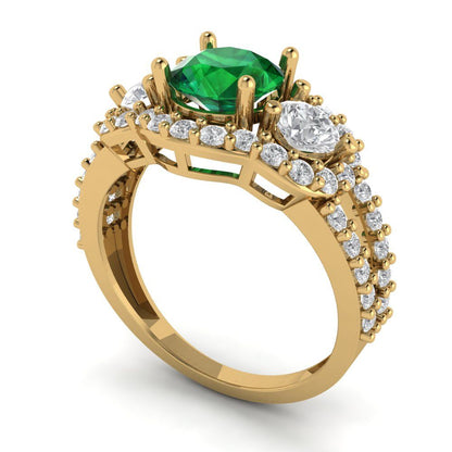 2.16 cttw Simulated Emerald Three-Stone Engagement Ring - Solid Yellow Gold (VVS1, Round Cut,6.5mm)
