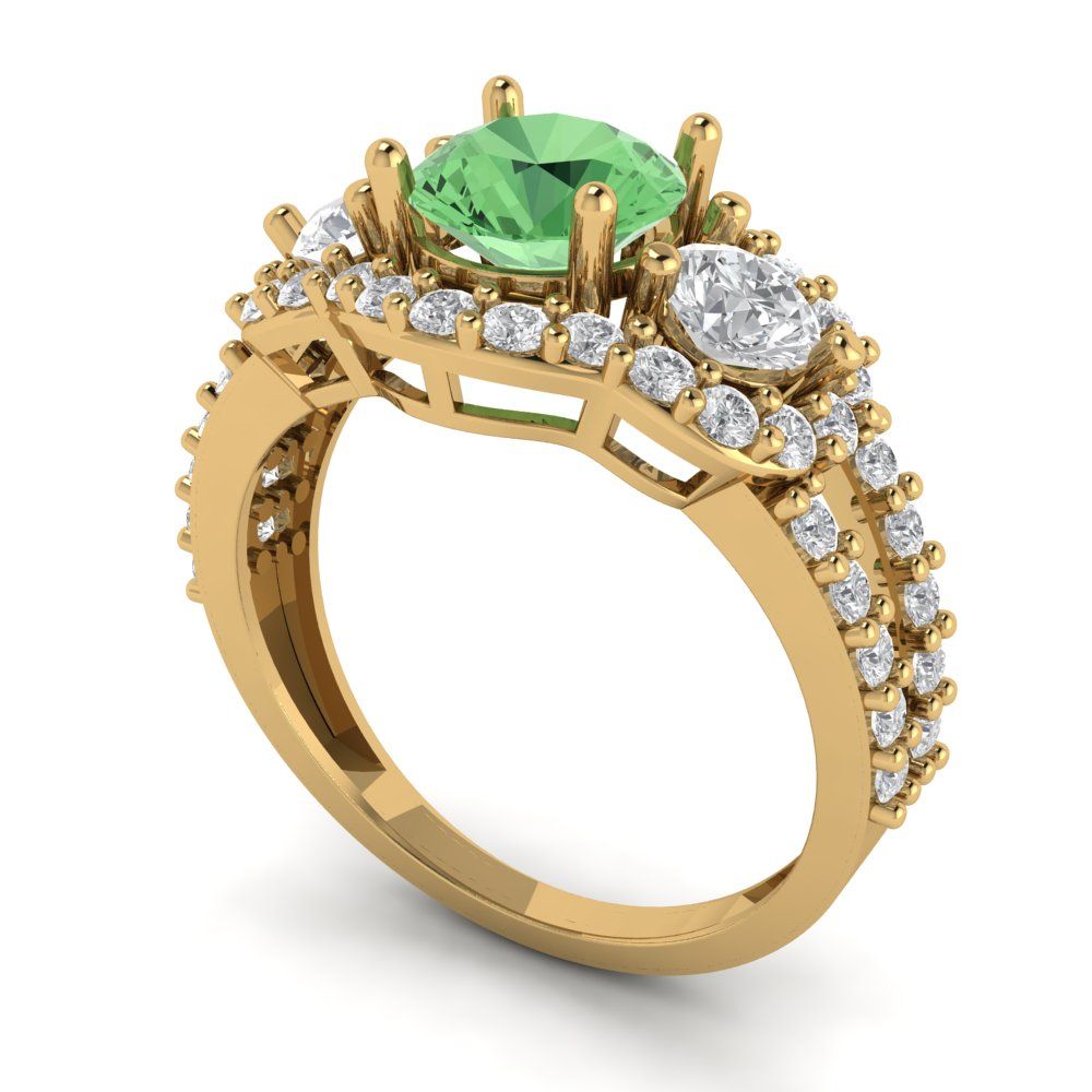 2.16 cttw Zirconia Simulated Green Diamond Three-Stone Engagement Ring - Solid Gold (VVS1, Round Cut,6.5mm)