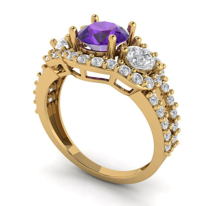 2.16 cttw Natural Amethyst Three-Stone Engagement Ring - Solid Gold (Round Cut,6.5mm)