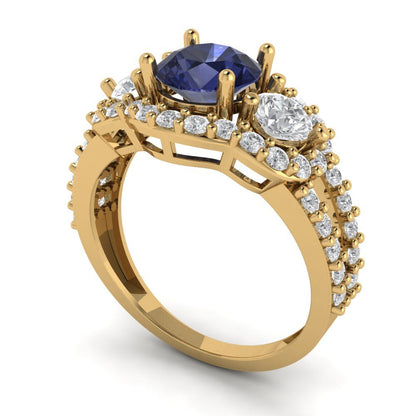 2.16 cttw Simulated Blue Sapphire Three-Stone Engagement Ring - Solid Gold (Round Cut,6.5mm)