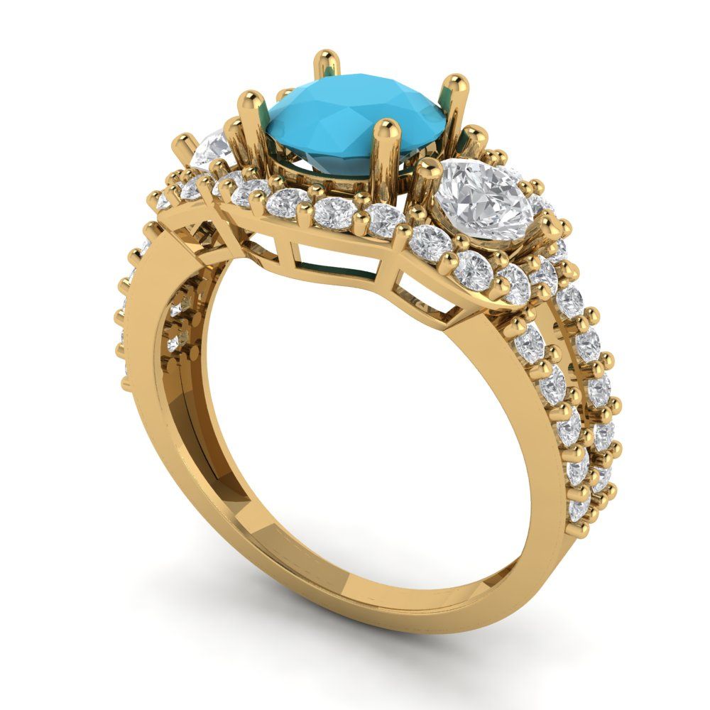 2.16 cttw Simulated Turquoise Three-Stone Engagement Ring - Solid Gold (Round Cut,6.5mm)
