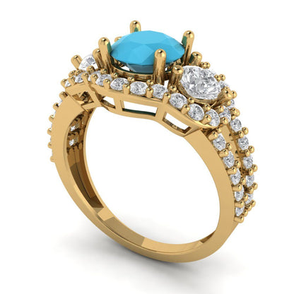 2.16 cttw Simulated Turquoise Three-Stone Engagement Ring - Solid Gold (Round Cut,6.5mm)