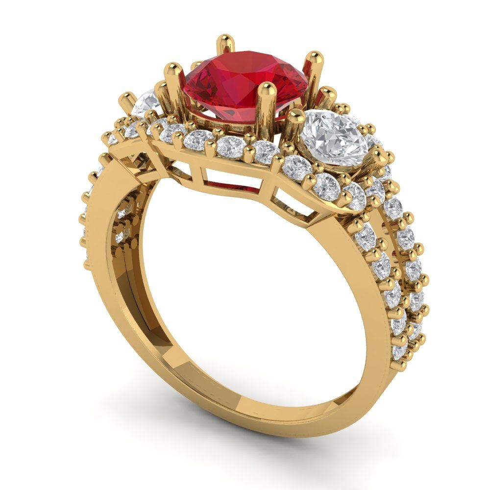 2.16 cttw Simulated Ruby Three-Stone Engagement Ring - Solid Gold (Round Cut,6.5mm)