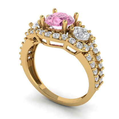 2.16 cttw Zirconia Simulated Pink Diamond Three-Stone Engagement Ring - Solid Gold (VVS1, Round Cut,6.5mm)