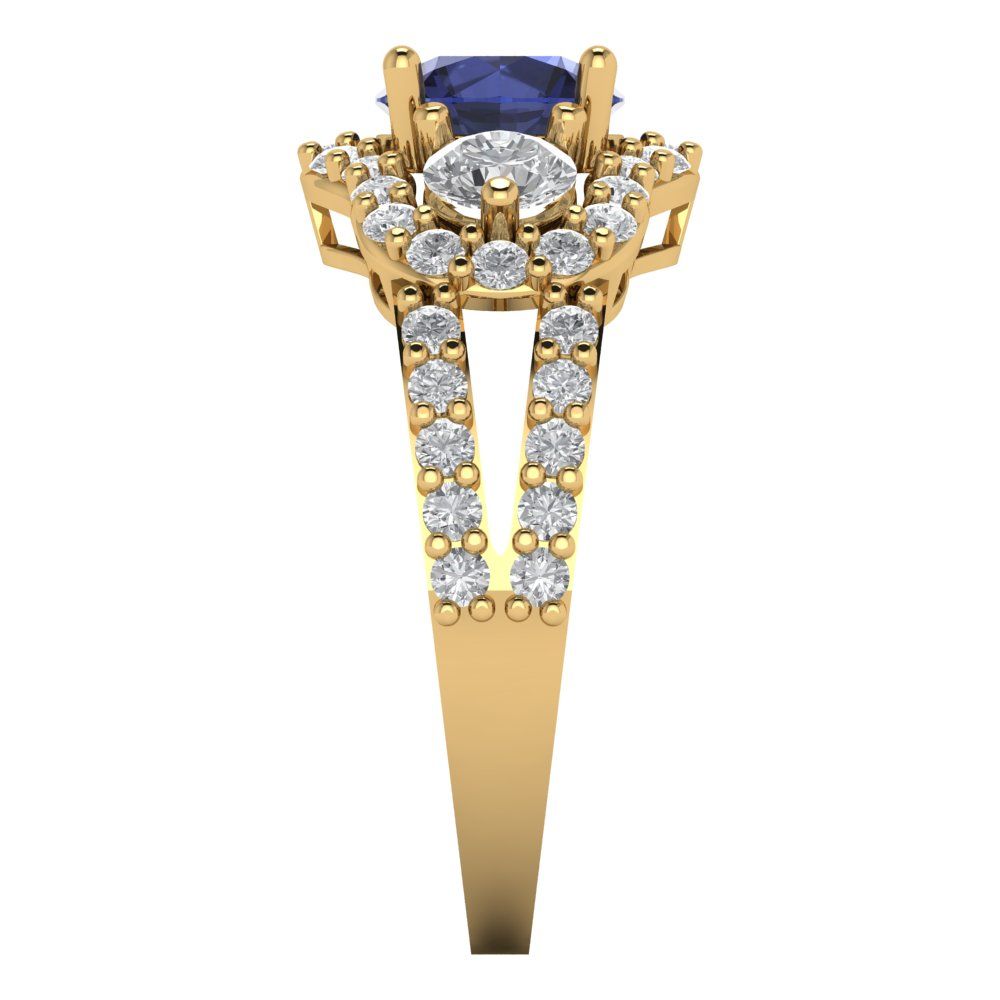 2.16 cttw Simulated Blue Sapphire Three-Stone Engagement Ring - Solid Gold (Round Cut,6.5mm)