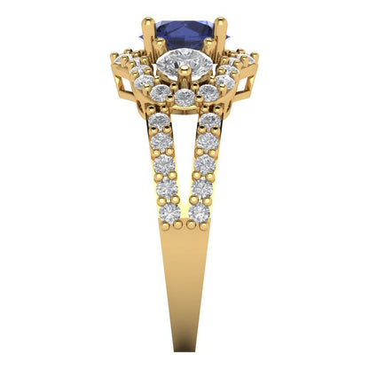 2.16 cttw Simulated Blue Sapphire Three-Stone Engagement Ring - Solid Gold (Round Cut,6.5mm)
