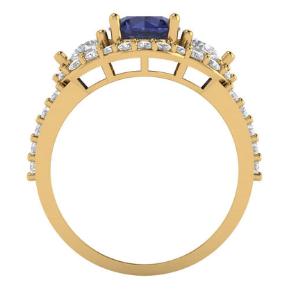 2.16 cttw Simulated Blue Sapphire Three-Stone Engagement Ring - Solid Gold (Round Cut,6.5mm)