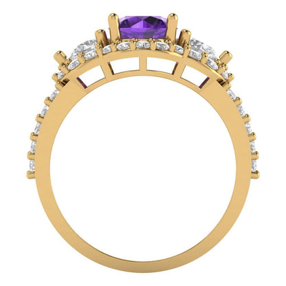 2.16 cttw Natural Amethyst Three-Stone Engagement Ring - Solid Gold (Round Cut,6.5mm)