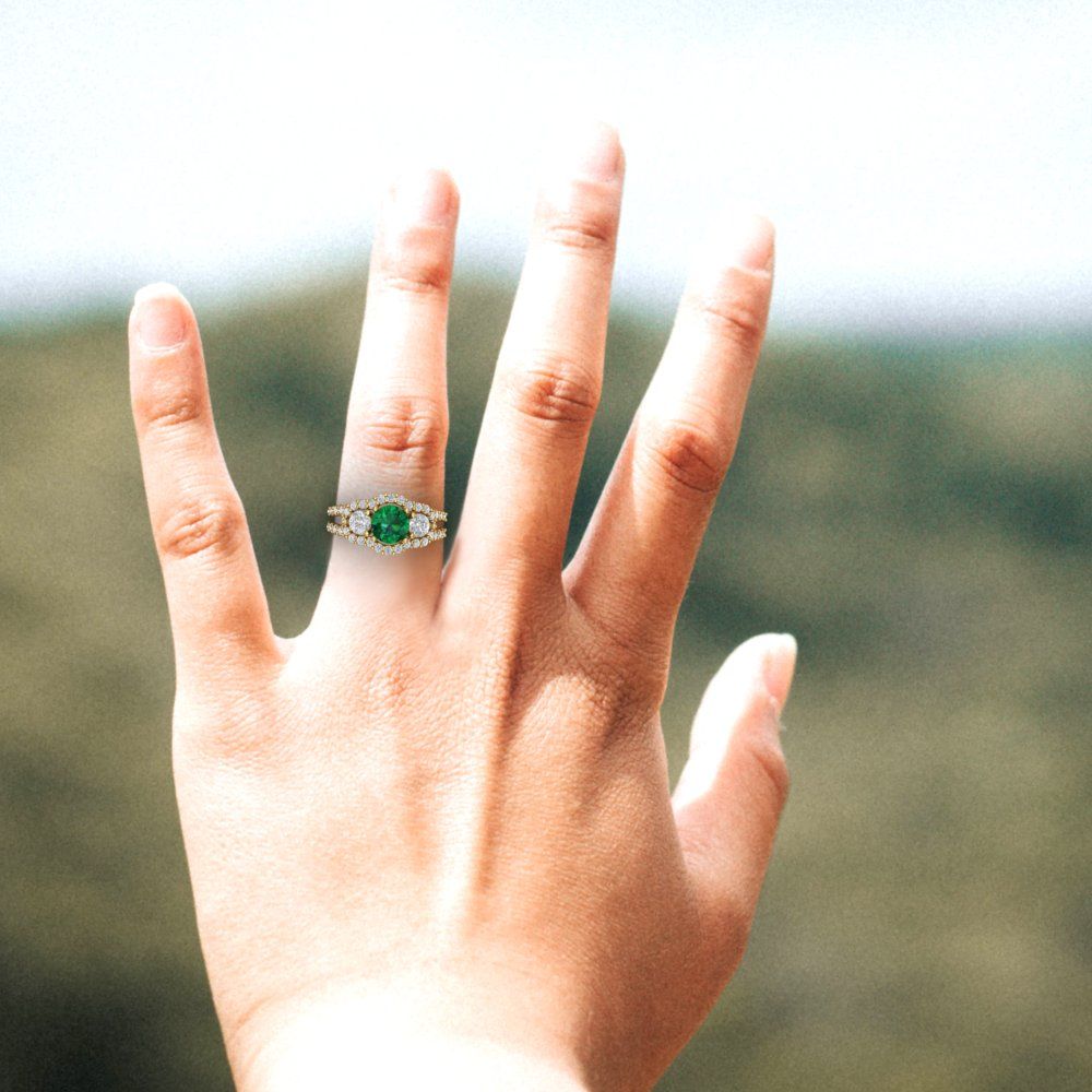 2.16 cttw Simulated Emerald Three-Stone Engagement Ring - Solid Yellow Gold (VVS1, Round Cut,6.5mm)
