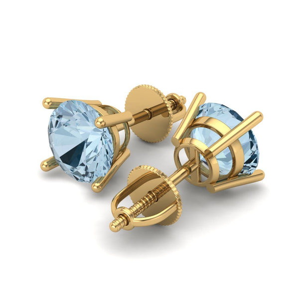 4 ct Brilliant Round Cut Solitaire Studs Natural Aquamarine Stone Yellow Gold Earrings Screw back