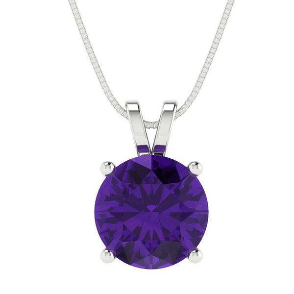 3 ct Brilliant Round Cut Solitaire Natural Amethyst Stone White Gold Pendant with 18" Chain