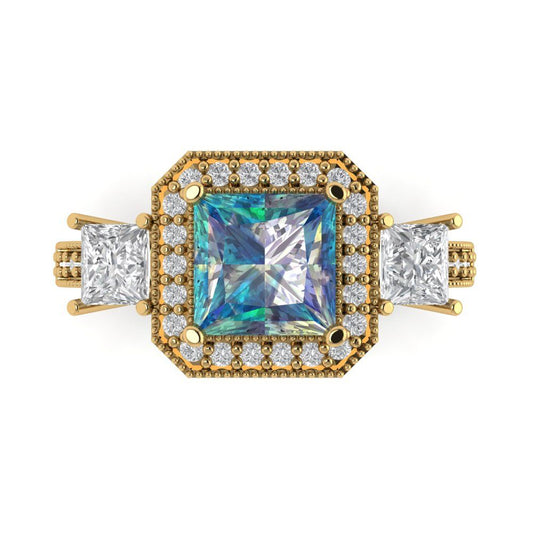 3.005 cttw Blue Moissanite Three-Stone Engagement Ring - Solid Yellow Gold (VVS1, Princess Cut,7.0mm)